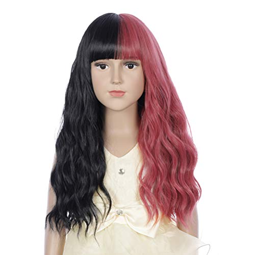 DUDUWIG 20inch Long Half Black Half Pink Curly Fashion Wigs for Kid Girls (Black/Pink)