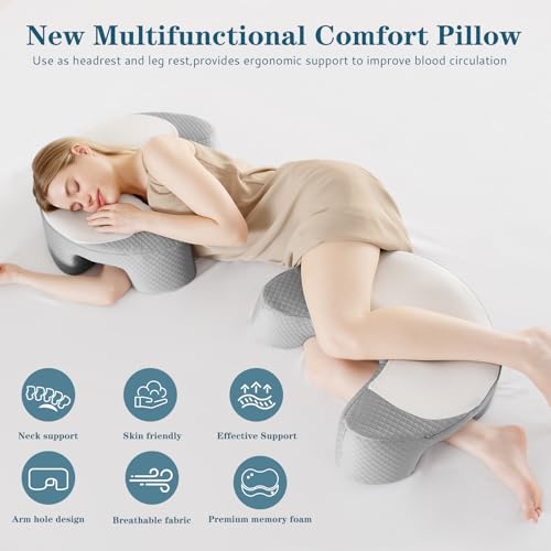 EUHAMS Side Sleeper Pillow - Ergonomic Memory Foam Shoulder Pillow with Arm Holes for Neck,Shoulder & Rotator Cuff Pain Relief-Arm Support Pillows for Adults Ideal for Left & Right Side Sleepers,Grey
