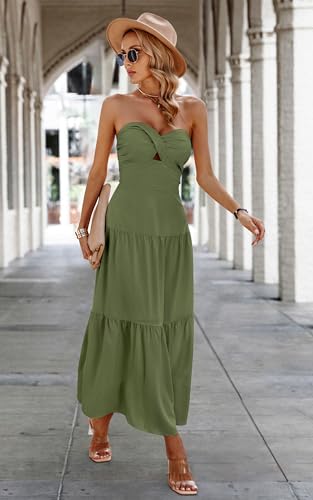 Image of ECOWISH Womens Summer Strapless Smocked A Line Maxi Dress | Off Shoulder Hollow Out Tiered Long Dresses Beach Party Vacation Wear