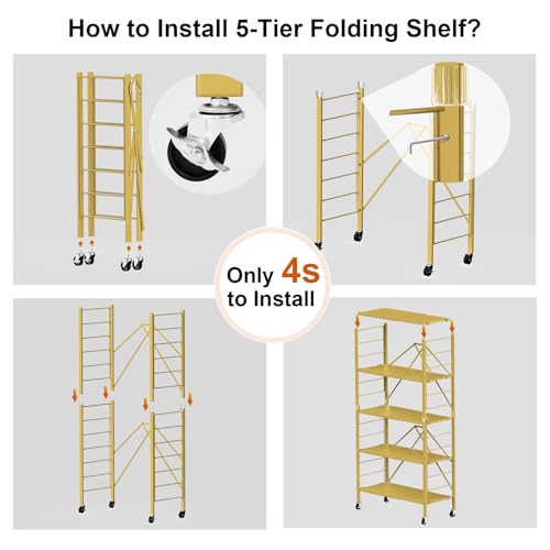 Image of Himix 5-Tier Storage Shelf with Wheels Foldable Expandable Adjustable Gold | Folding shelving units, Metal collapsible organization, Changeable into 2 shelf units, Basement, Kitchen, Holds 2400 Ibs
