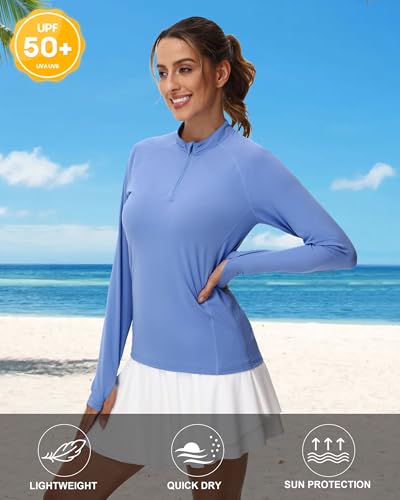 isnowood Women's 1/4 Zip Long Sleeve Rash Guard, UPF 50+ UV Sun Protection Shirts, Quick Dry Workout Hiking Athletic Tops4