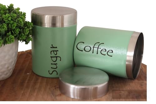 Image of Tea and Sugar Container Set of 2 - Steel Storage Jars (Coffee Sugar, Green)