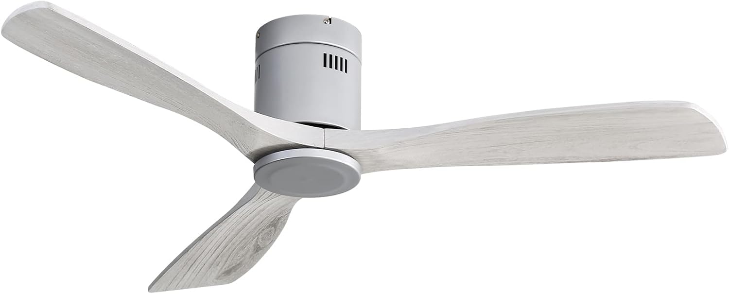 Sofucor 52 Inch Solid Wood Low Profile Flush Mount Ceiling Fan No Light, Outdoor Modern Ceiling Fan without Light 6-Speed, 3-Timer, Reversible DC