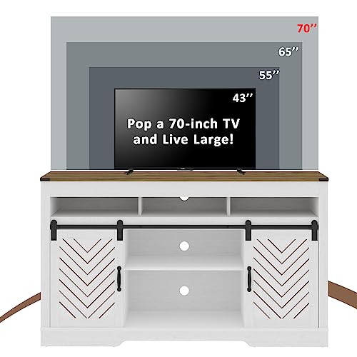 Image of RoyalCraft Farmhouse TV Stand for 23 inch Electric Fireplace, Tall Entertainment Center for 65+ Inch TV, 34 inch Tall Rustic TV Console with Sliding Bar Door for Living Room, Wood-Tone and White