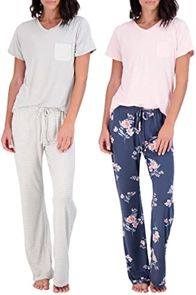 Real Essentials 2 Pack: Women’s Pajama Set Super-Soft Short & Long Sleeve Top With Pants (Available In Plus Size)