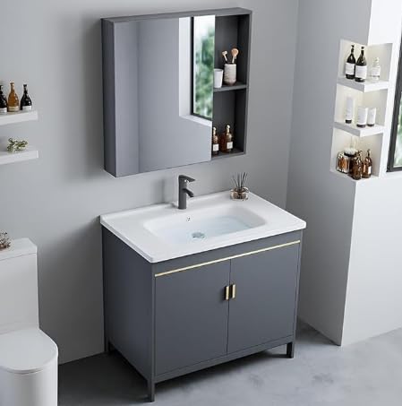 PFLife 洗面化粧台 洗面台 陶器製 幅60cm 幅75cm 扉付き収納 組立簡単 洗面ボウル付 省スペース 混合水栓 (鏡付きキャビネット, 80*40*80cm) (鏡なしキャビネット, 60*40*80cm) (鏡付きキャビネット, 60*40*