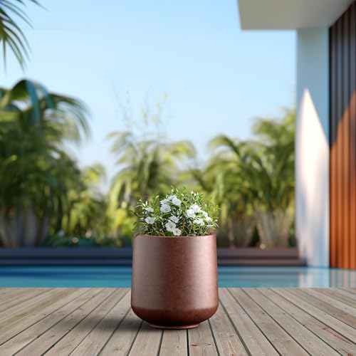 Image of Kante Accent Round Curved Rusty Concrete Planter 13 inch Dia, Outdoor | Rubber Plug for Indoor, Drainage for Garden, All-Weather Cement Flower Pot, Handcrafted, Anti-Frost & UV, Modern Home Decor