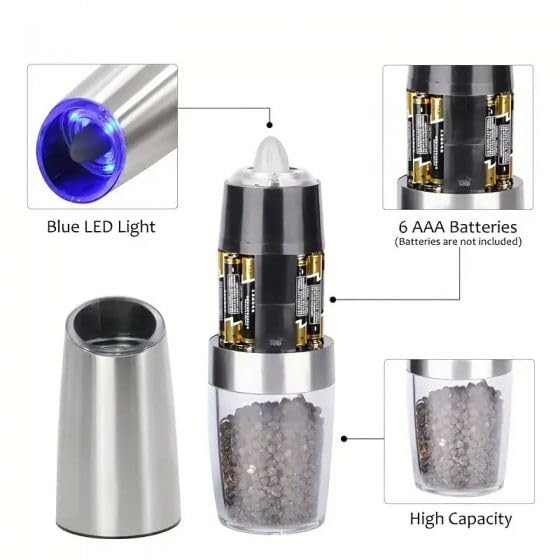 Electric Pepper and Salt Grinder Set, Adjustable Coarseness, Battery Powered with LED Light, One Hand Automatic Operation, Stainless Steel Black
