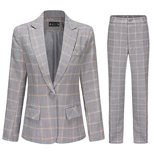 YYNUDA Women's Business Plaid Suit Set Lady 2 Piece 1 Button Office Blazer Jacket and Pants for Work