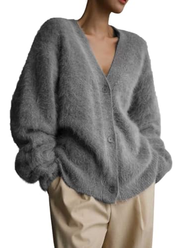 Image of chouyatou Women Furry Open Front Cardigan V-Neck Loose Casual Fluffy Knit Button Down Sweater Coat