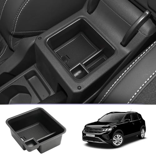 ZCLINKO Compatible avec VW T-Cross T Cross 2018-2024 2025 Boîte de Console Centrale Organisateur T-Cross Boîte de Rangement pour Accoudoir avec Tapis Antidérapants Accessoires Intérieure (Noir)