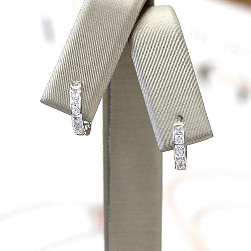 Solid 14K White Gold Earrings Princess Cut Cubic Zirconia Channel Set Huggie Hoop Earrings #TOP2