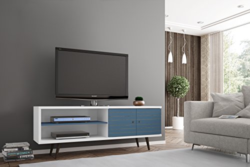 Manhattan Comfort Liberty Mid-Century Modern Living Room Tv Stand With Shelves And A Cabinet With Splayed Legs, 201Amc: 62.99 Inch, White/Aqua #TOP1