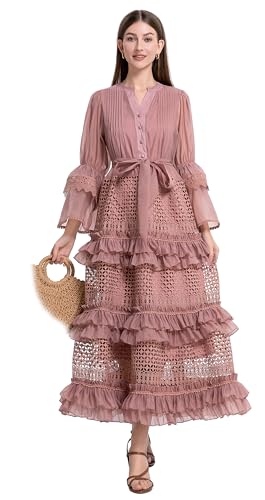 LAI MENG FIVE CATS Women's Bell Sleeves V-Neck Buttons Ruffle Layered Hem Hollow Princess Dress with Belt
