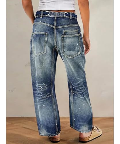 Women's Trendy Mid Rise Baggy Boyfriend Jeans Distressed Drawstring Waist3
