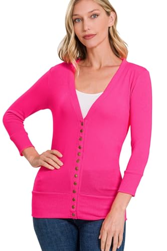 NE PEOPLE Women’s Cardigan Sweater – Classic 3/4 Sleeve Snap Button Down Ribbed Hem Knit Lightweight Knitted Top