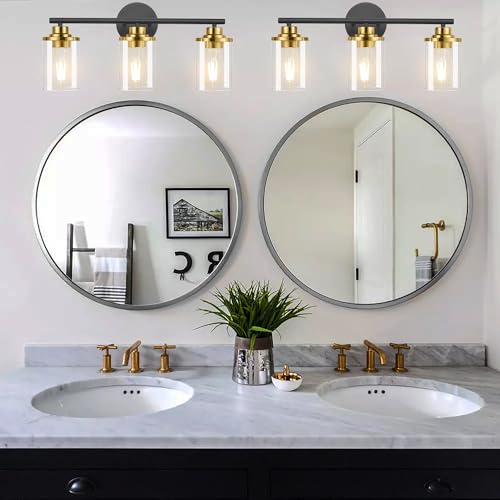 Image of Bathroom Light Fixtures,Vanity Lights,Black and Gold Bathroom Lights Over Mirror,Gold Black Vanity Light,20'' Black Gold 3-Light Modern Sconce