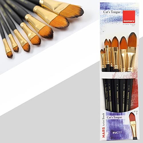 Image of Isomars Cat's Tongue Paint Brush Set - Set of 7 Artist Brushes for Acrylic, Watercolor, Oil & Blending Techniques - Ideal for Smooth Strokes, Detailing & Shading