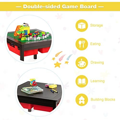 GYMAX Kids Table and 2 Chairs, Children Activity Desk set with Double-Sided Tabletop & 2 Storage Drawers, 3 Pieces Wooden Toddler Furniture for Eating, Learning, Playing (Brown)
