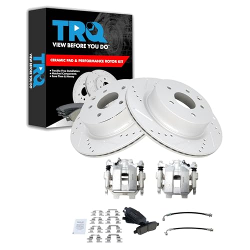 Image of TRQ Performance Rear Brake Pad and Rotor Set Ceramic Drilled Slotted Rotors Calipers Compatible with 2011-2012 Infiniti G25 2011-2012 G37 2015 Q40