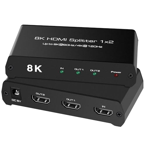 8K@60Hz HDMI Splitter 1 in 2 Out-Mirror Only(Not Support Extended Mode), 4K@120Hz HDMI Splitter for 48Gbps Ultra HD, HDCP 2.3, HDR10+, Dol-by Vision, Compatible with PS5, No Signal Loss, Zero Lag