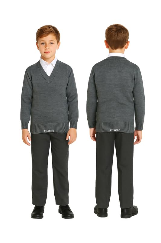 CHACKO Unisex School Uniform Woolen Sweater for Boys & Girls | Warm Winter V-Neck_Grey,11-12 Years - Image 4 thumbnail