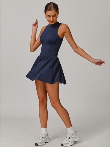 IDOPIP Tenniskleid Damen mit Hose drunter für Sport: Ärmellos kurz Sommerkleid Shorts mit Tasche und integriertem BH - Sommer Sportkleid für Tennis, Golf und Yoga blau M