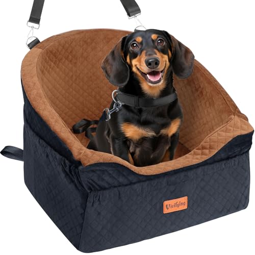 Vivifying Hunde Autositz für kleine bis mittlere Hunde Waschbarer Hundesitz Auto mit Sicherheitsgurt und Aufbewahrungstaschen Erhöhter Hundeautositz für Vorder- und Rücksitz Braun