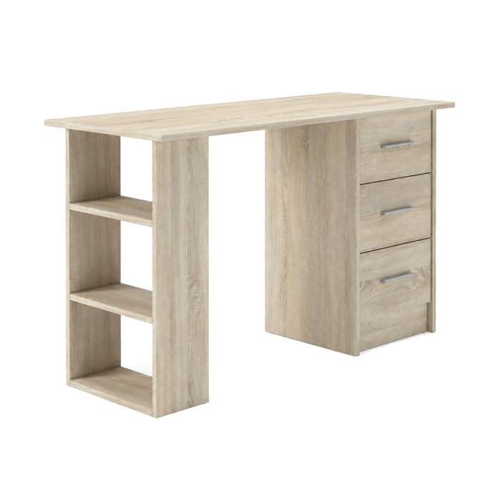 CAMBIA TUS MUEBLES CTM® Mesa de Escritorio Deski 3 Cajones y Estantería Lateral, Escritorio Moderno para Oficina, Estudio o Dormitorio, Mesa de Ordenador en Melamina, 120x49x72 cm Color Roble