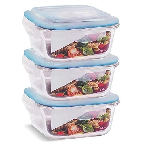 KIT 3 Potes de Vidro Quadrado com Tampa Hermética 800ml Cor:Azul (QH)