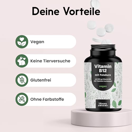 Vitamin B12 hochdosiert - 400 Tabletten mit 500µg Vit B12 + 200µg Folsäure - zertifiziert Laborgeprüft - Vegan & Produziert in Deutschland - Verpackung kann variieren