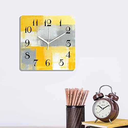 Artsocket Wooden Wall Clock Silent Non-Ticking,Yellow Grey White Abstract Painting Modern Wooden Square Rustic Coastal Wall Clocks Decor For Home Kitchen Living Room Office, Battery Operated(12 Inch) #TOP5