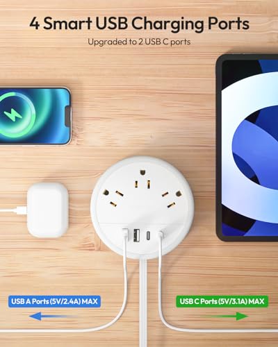 NTONPOWER Travel Power Strip with 3 Outlets, 4 USB Ports (2 USB C), 4FT Wrapped Around Flat Extension Cord, Portable Power Strip for Travel, Cruise Ship Essentials White - image 4