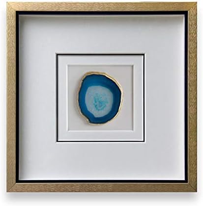 Modern 16x16 Inch Natural Agate Framed Wall Art 4 Inch Gold Edge Geode Stone Artwork with Glass for Living Room Bedroom Home Decor,Blue