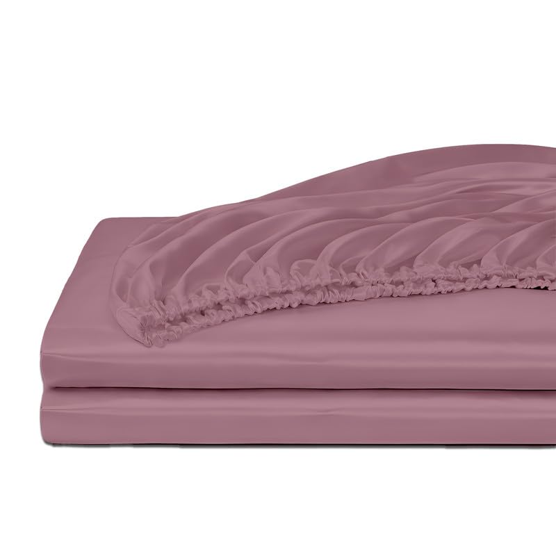 Image of Filbert - Premium Satin Fitted Bedsheet Queen Size (60x78 Inch) with 2 Pillow Covers | Hypoallergenic Breathable | Hair and Skin Friendly, Women Gift Choice|Light Mauve
