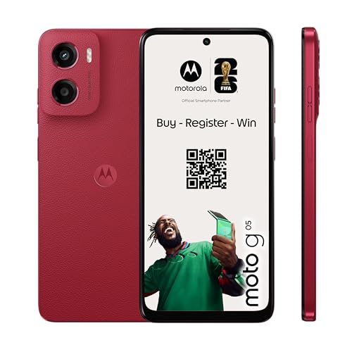 Motorola Moto g05 Smartphone (Kratzfestes 6,67 Zoll HD+ Display Dank Corning Gorilla Glass 3, wasserabweisend, 50-MP-Kamera, 4/64 GB, 5100-mAh-Akku, TurboPower-Aufladen) Plum Red, inkl. Schutzcover
