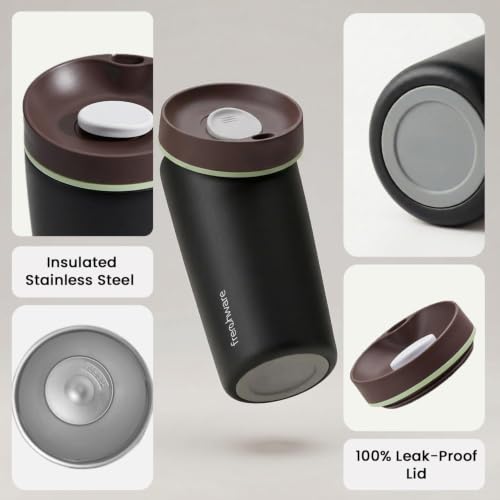 Image of Frenchware AeroMug Insulated Stainless Steel Coffee Tumbler, 600 ml | Smooth Sip Slider, Reusable, Hot & Cold Coffee Travel Mug, Carbon Black