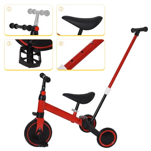 OHMG Dreirad für Babys, mitwachsend, 1-4 Jahre, 4-in-1, Dreirad, Laufrad, Fahrrad ohne Pedal, abnehmbare Pedale, verstellbarer Sitz (Rot (4 in 1)) – Bild 4