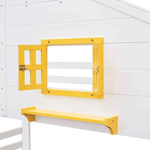 Durab House Bunk Bed, Bunkbeds Twin Over Twin Bunk Beds With Roof Window And 2 Storage Drawers Wood Twin Bunk Beds No Box Spring Required For Girls Boys,White #TOP4