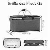 Einkaufskorb Faltbar 18L, große Isolierkorb Picknickkorb, Thermo Einkaufskorb, mit Deckel, Reißverschluss und Tragegriffen, für Camping, Strand, Picknick, Grau