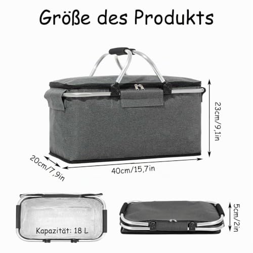 Einkaufskorb Faltbar 18L, große Isolierkorb Picknickkorb, Thermo Einkaufskorb, mit Deckel, Reißverschluss und Tragegriffen, für Camping, Strand, Picknick, Grau