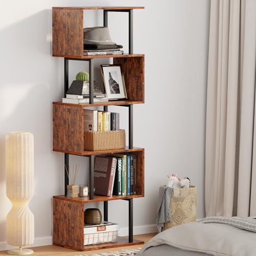 image for Furologee 6 Tier Bookshelf, Tall S Shaped Geometric Bookcase, Modern D