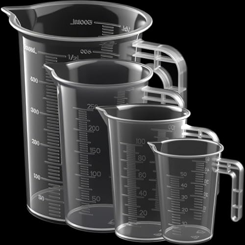 WOEIEOW Messbecher Set 4-teilig, Transparent Mit Griff, 50ml 100ml 250ml 500ml, Hitzebeständig Präzisions Messbecher für Labor Küche Garten Reiniger