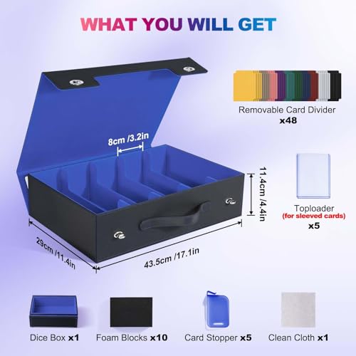 Image of UAONO Trading Card Storage Box with Commander Display, 5 Row Magic Card Box with Handle & Aluminum Alloy Locking for 3900+ Unsleeved Cards Suits for MTG PTCG TCG Sports Cards (Black Blue)