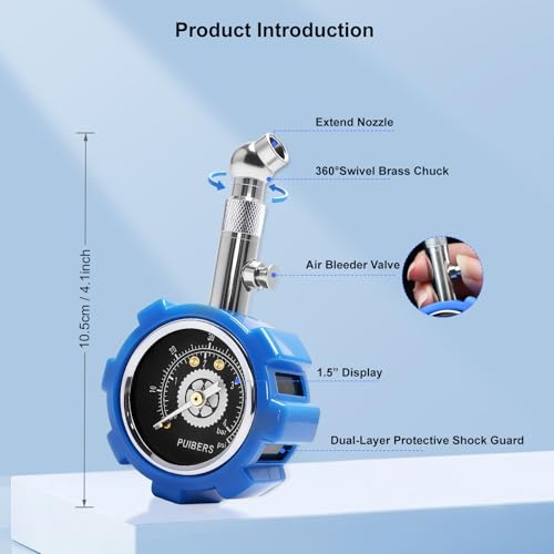 PUIBERS Tyre Pressure Gauge UK 4 BAR 60 PSI,Car Tyre Pressure Gauge ANSI B40.1 Certified with 1.5" Glow Dial, Heavy Duty Mechanical Gauge for Cars, Trucks & Motorcycles