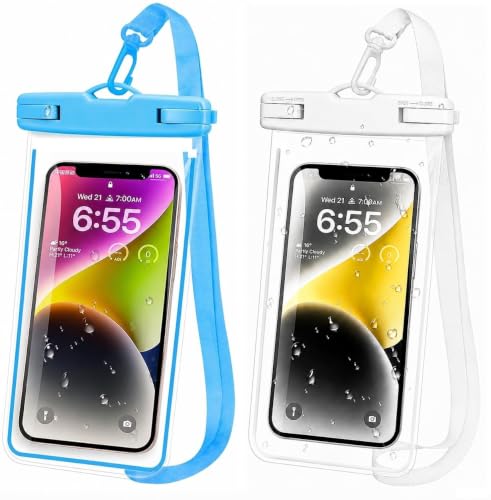 Image of Waterproof Phone Pouch, IPX8 Universal Waterproof Phone Case Dry Bag with Lanyard for iPhone 14 13 12 11 Pro Max XR X XS SE 8 Plus Samsung S23 S22 Ultra S21 S10 S9 (Blue and White)