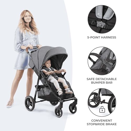 kk Kinderkraft GRANDE PLUS Silla de Paseo ligera desde Nacimiento hasta 22 kg, Plegado con una sola mano, Posición tumbada, Suspensión de todas ruedas, Capota grande XL, Grigio - imagen 6