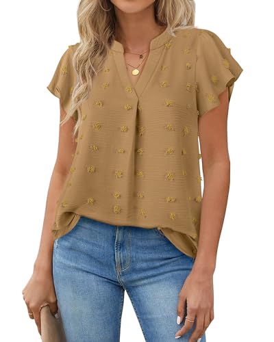 Gaharu Women's Notch V Neck Short Sleeve Chiffon Shirts Casual Lace Blouse Top