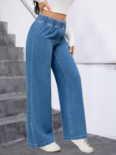 Image of ADBUCKS Women's Stretch Denim Wide Leg Jeans Comfort Fit with Elastic Waistband, Straight Cut, Casual Style for All Seasons, Versatile Clothing