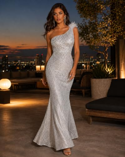 Image of One Shoulder Formal Evening Gowns Sequin Mermaid Maxi Dress for Wedding Guest